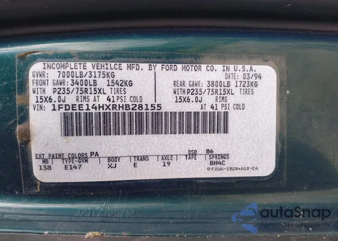 1994 Ford Econoline E150 Van из США, поврежденный, VIN 1FDEE14HXRHB28155